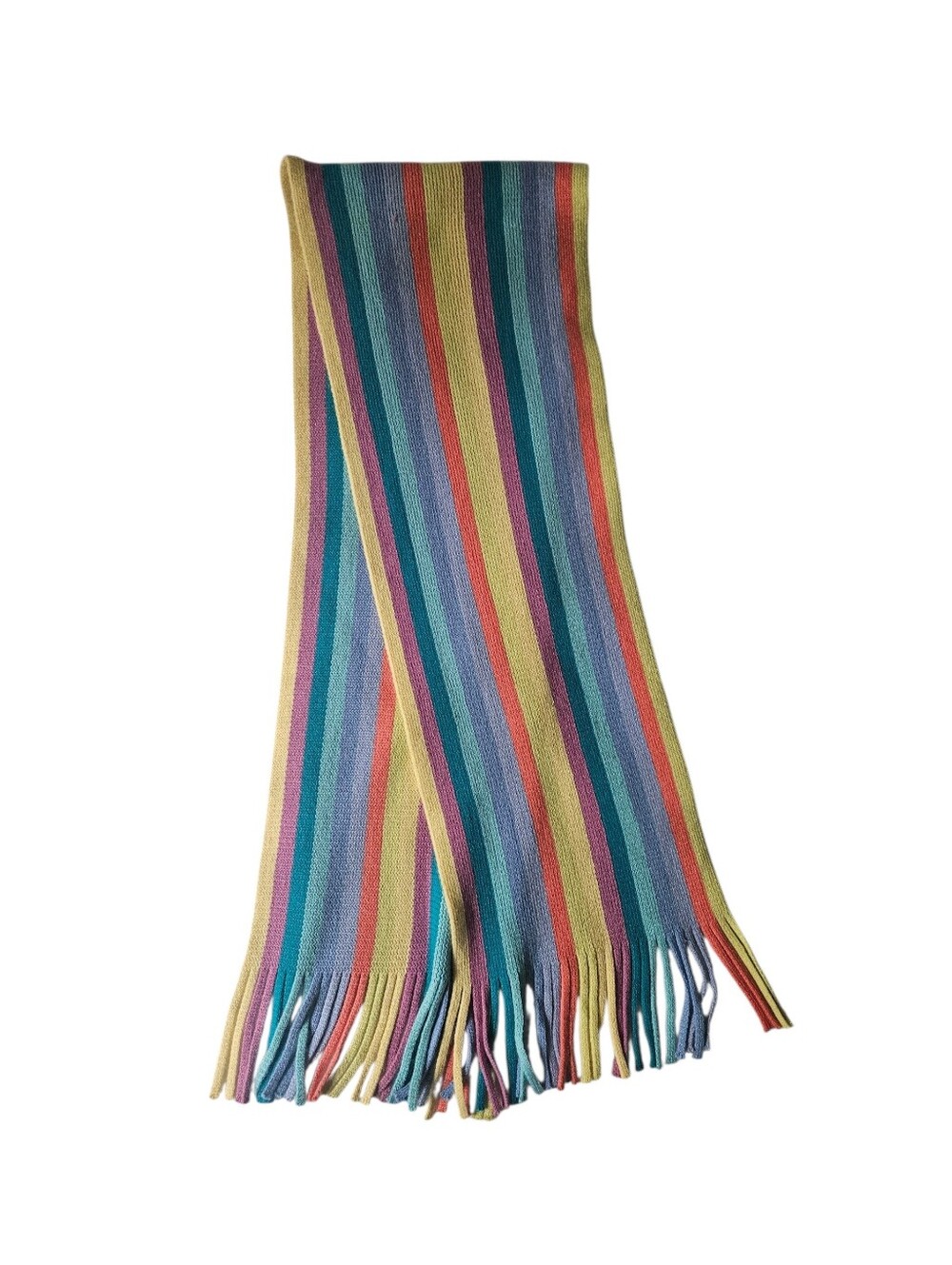 Y2K Pastel Rainbow Stripe Knit Scarf with Fringe Detail | SZ 52"